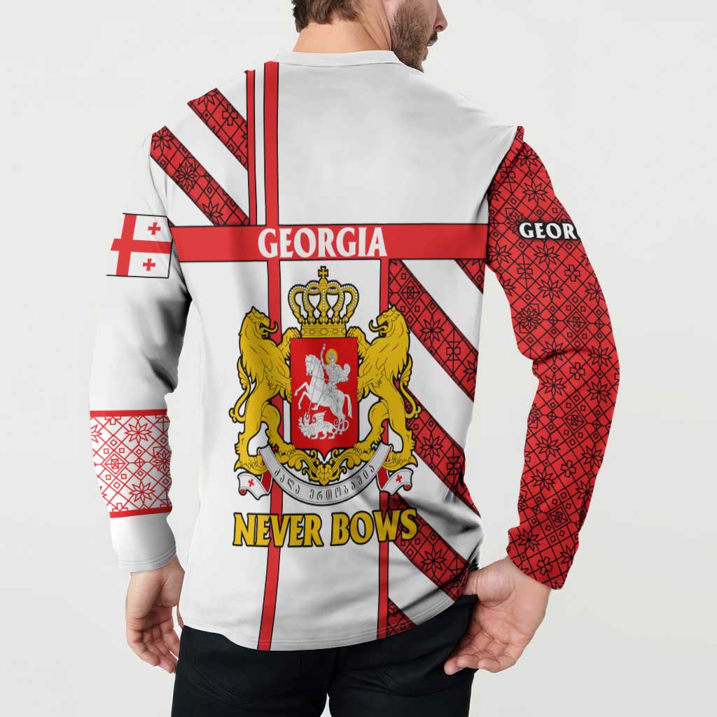 White button sweatshirt back print with Georgia shield crest, lions, and NEVER BOWS.