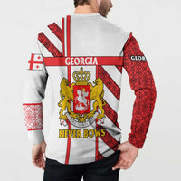 White button sweatshirt back print with Georgia shield crest, lions, and NEVER BOWS.