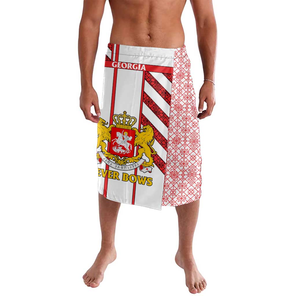 Red and white patterned lavalava shorts with Georgia crest, cross, and “Ever Bows” text