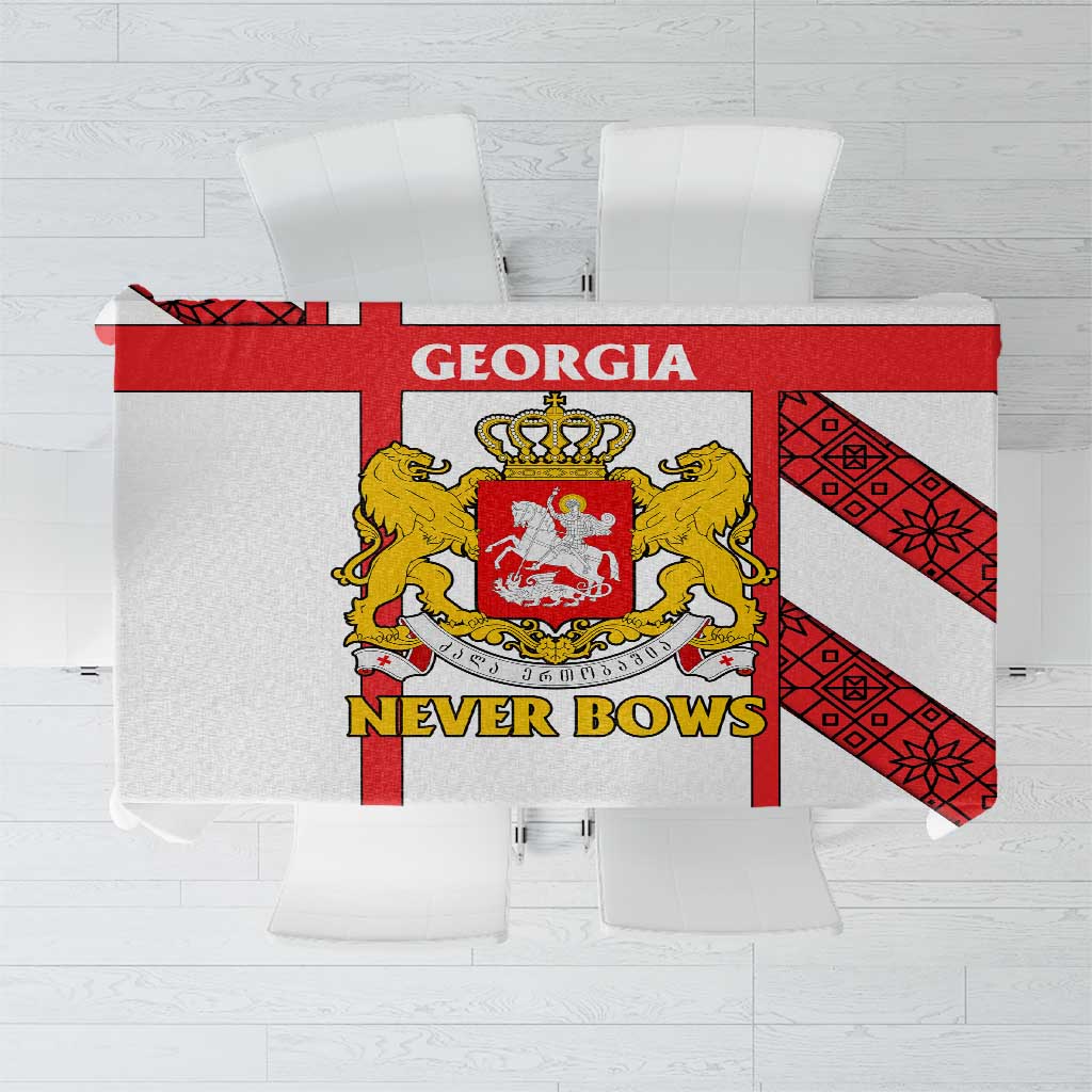 Red tablecloth with Georgia crest, golden lions, red cross, and “Never Bows”