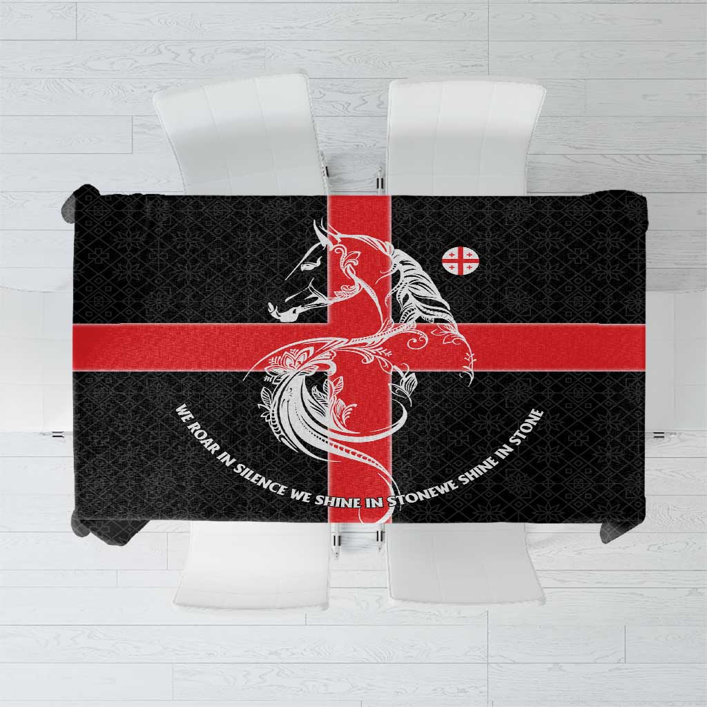 Black tablecloth with red cross stripe, white dragon and horse emblem, patterned design