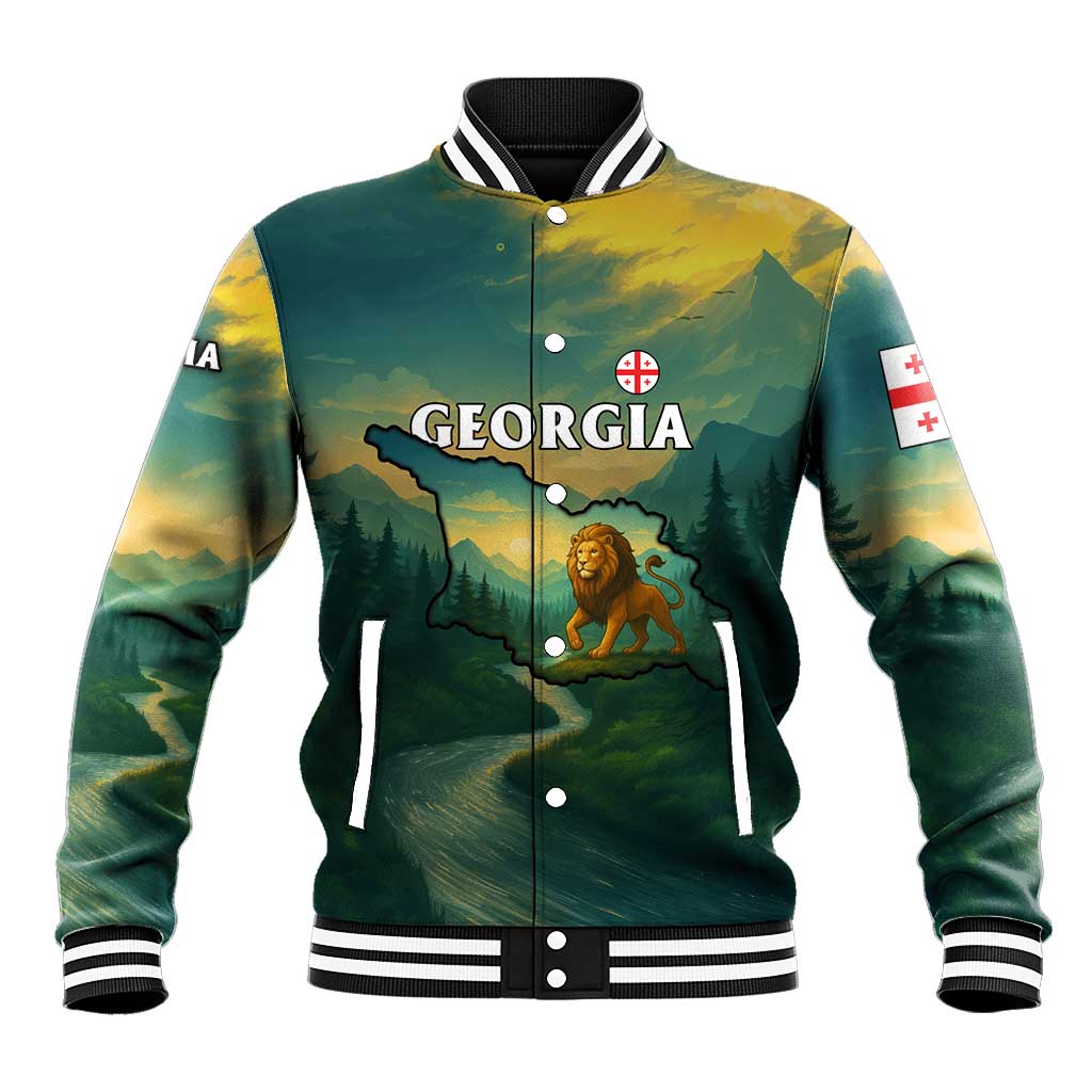 Georgia Baseball Jacket with Green Mountain Landscape with Map Outline Lion and Legends Rise Quote Design - Wonder Print Shop