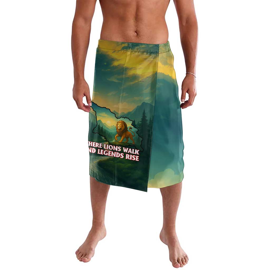 Multicolor lavalava skirt with lion-and-map landscape graphic and quote text