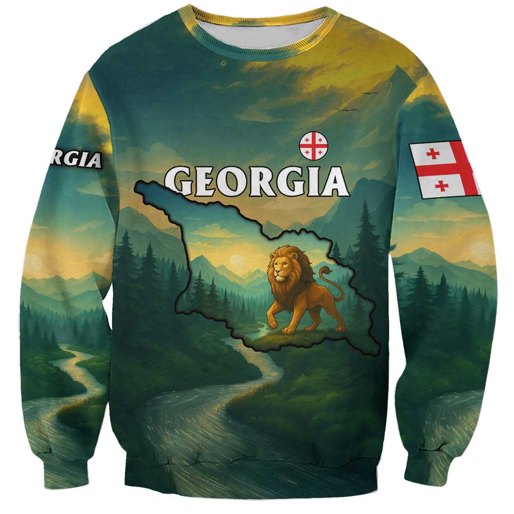 Georgia Sweatshirt with Green Mountain Landscape with Map Outline Lion and Legends Rise Quote Design - Wonder Print Shop