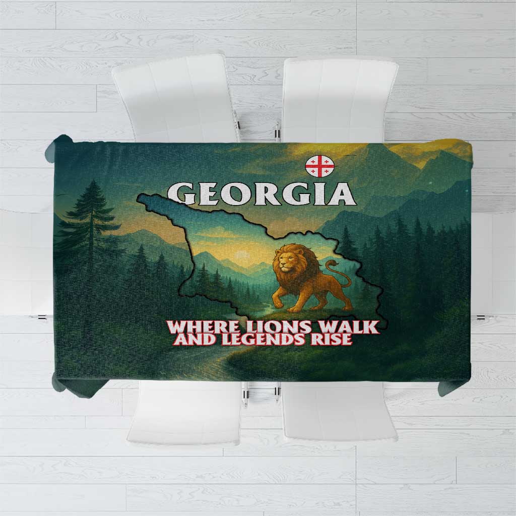 Dark green Georgia-themed tablecloth with map, lion graphic and quote text