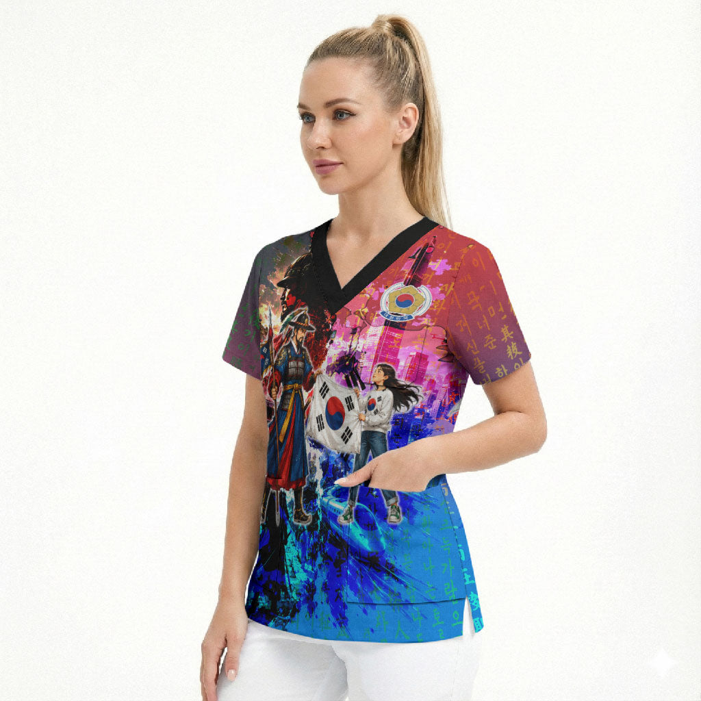 South Korea Flag Day Scrub Top National Pride - Traditional Warrior - Modern History