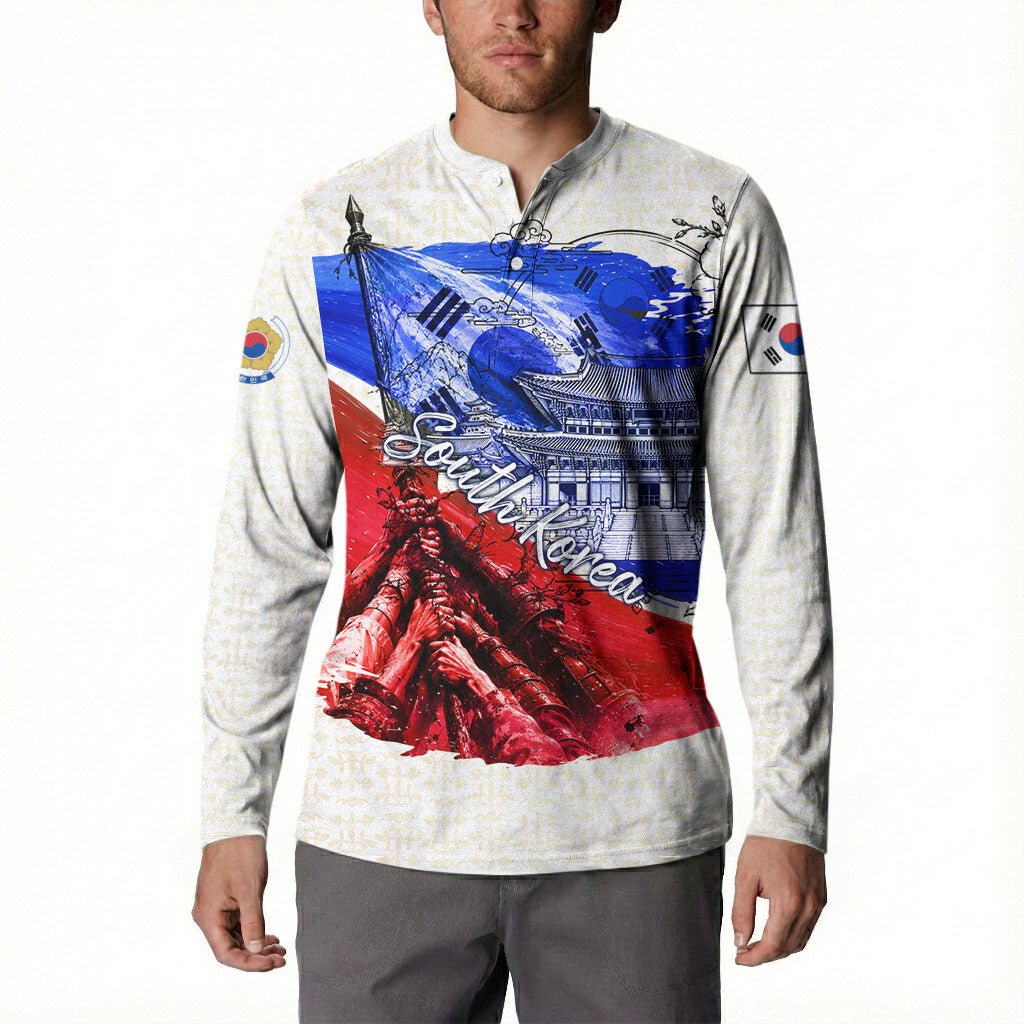 South Korea Flag Day Button Sweatshirt Patriotic Cultural Landmarks Map
