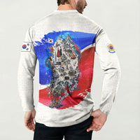 South Korea Flag Day Button Sweatshirt Patriotic Cultural Landmarks Map