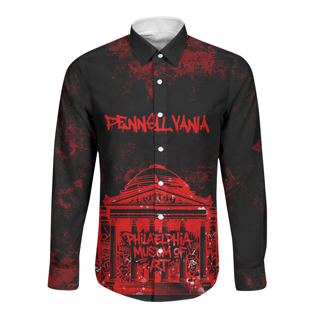 Personalized Pennsylvania Philadelphia Museum Of Art Long Sleeve Button Shirt Red Grunge Paint Splatter Graphic