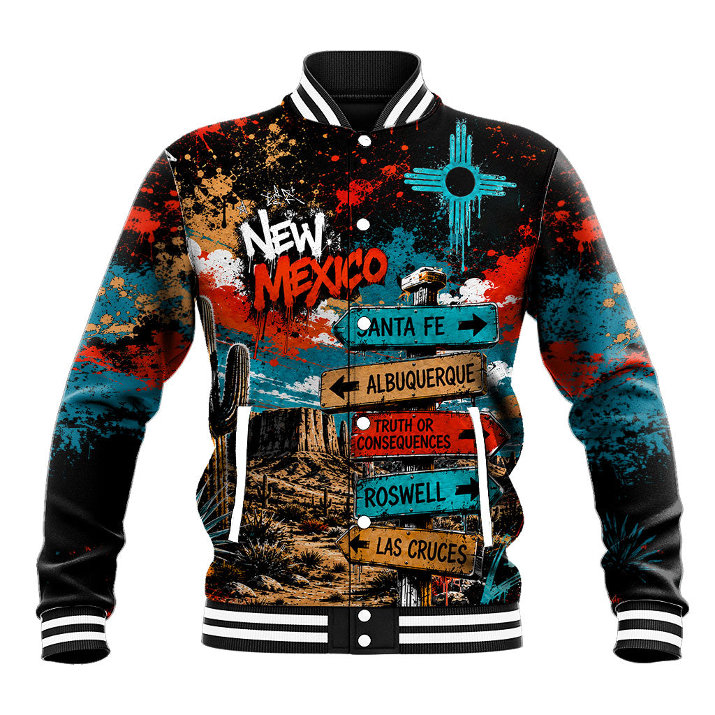 New Mexico Desert Road Sign Baseball Jacket Zia Symbol Grunge Paint Splatter Travel Graphic