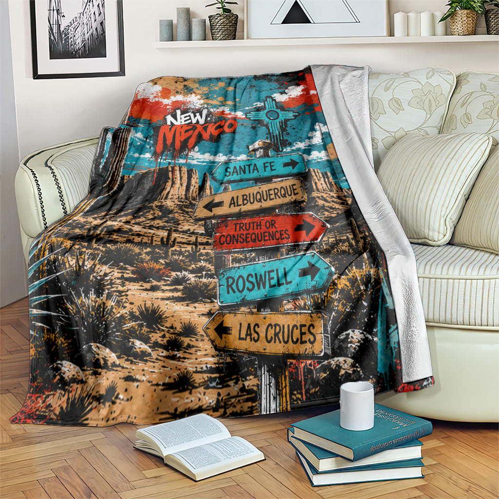 New Mexico Desert Road Sign Blanket Zia Symbol Grunge Paint Splatter Travel Graphic
