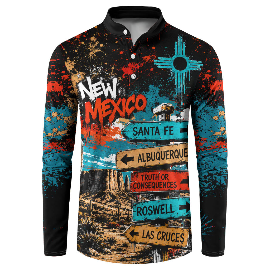 New Mexico Desert Road Sign Button Sweatshirt Zia Symbol Grunge Paint Splatter Travel Graphic