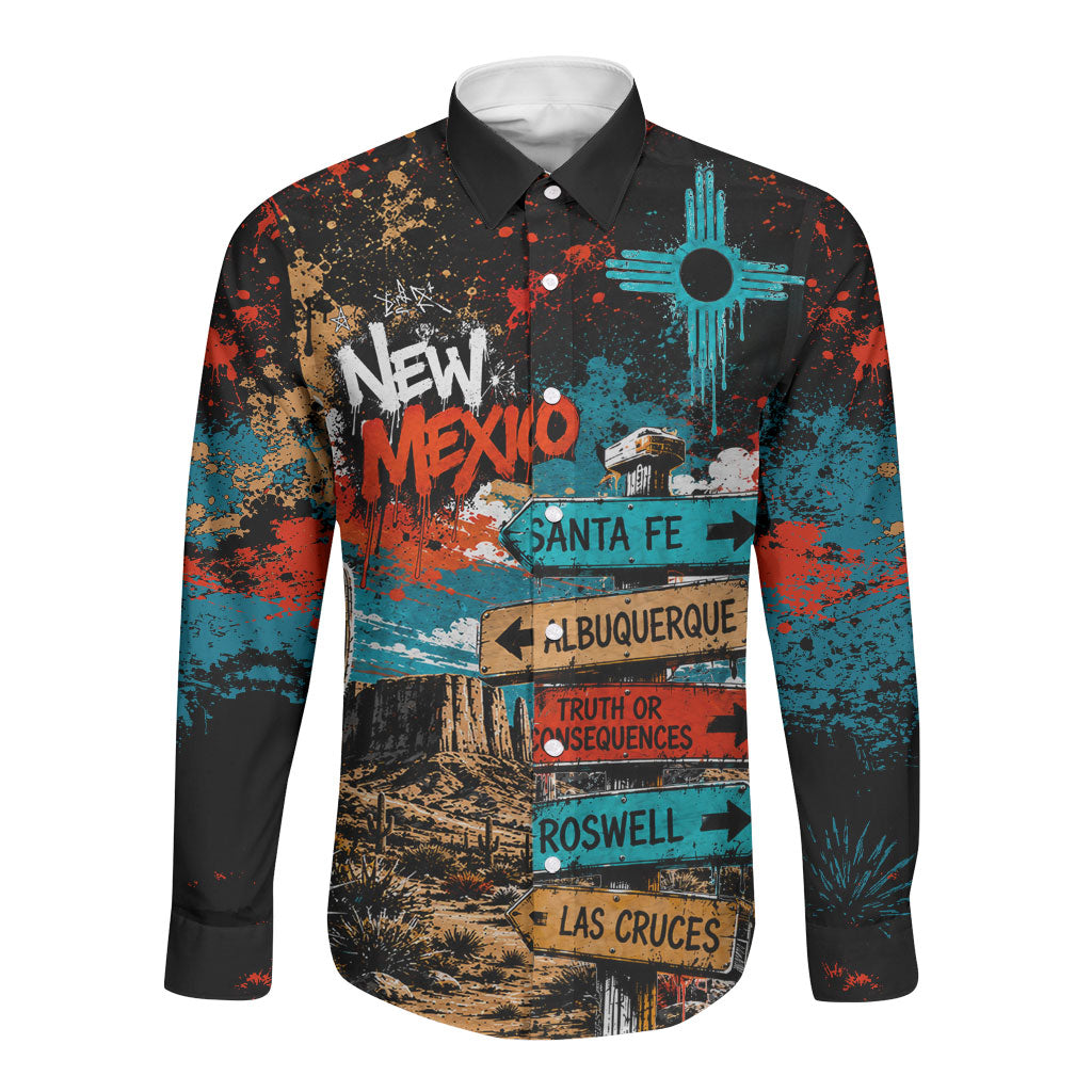 New Mexico Desert Road Sign Long Sleeve Button Shirt Zia Symbol Grunge Paint Splatter Travel Graphic