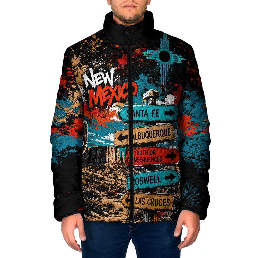 New Mexico Desert Road Sign Padded Jacket Zia Symbol Grunge Paint Splatter Travel Graphic