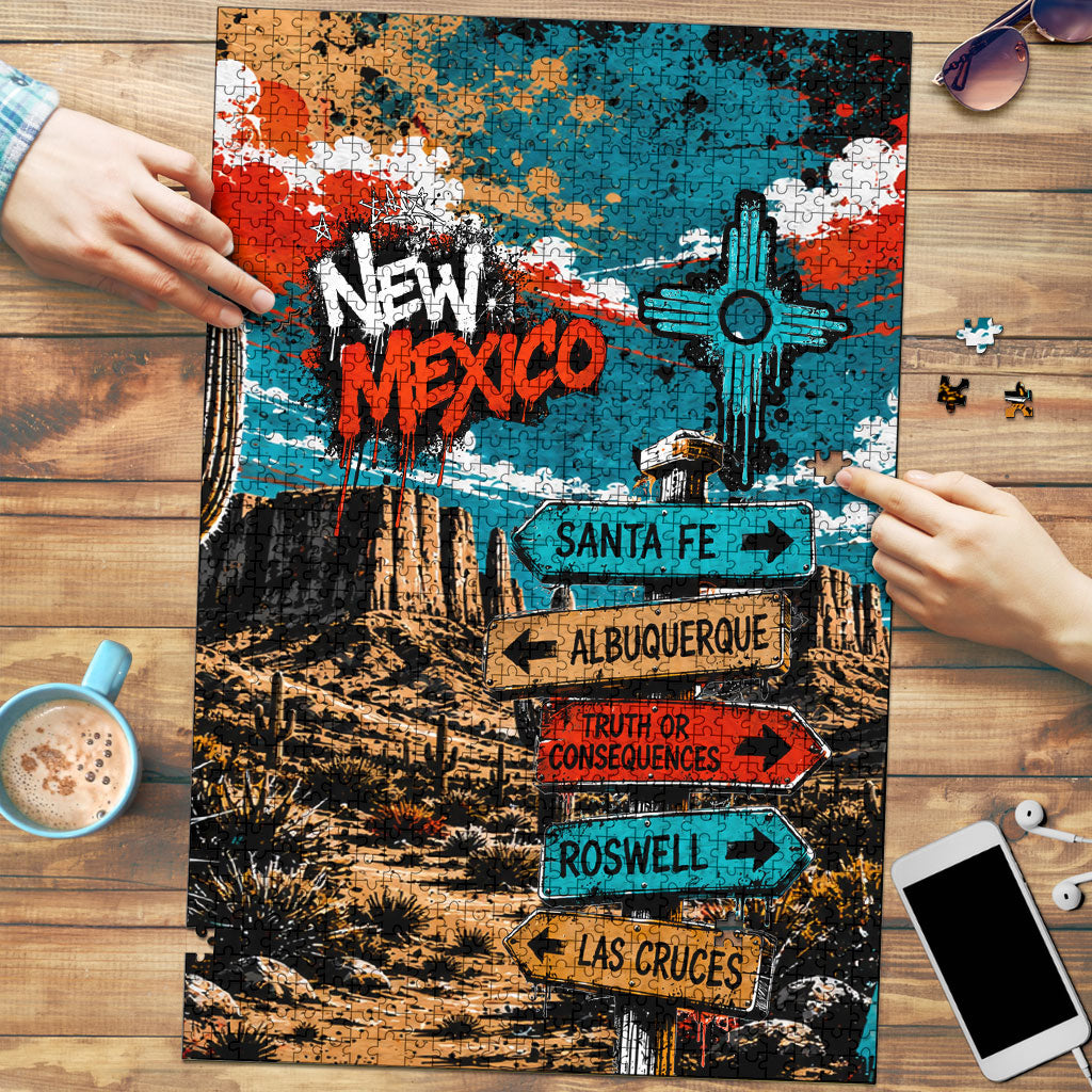 New Mexico Desert Road Sign Puzzle Zia Symbol Grunge Paint Splatter Travel Graphic
