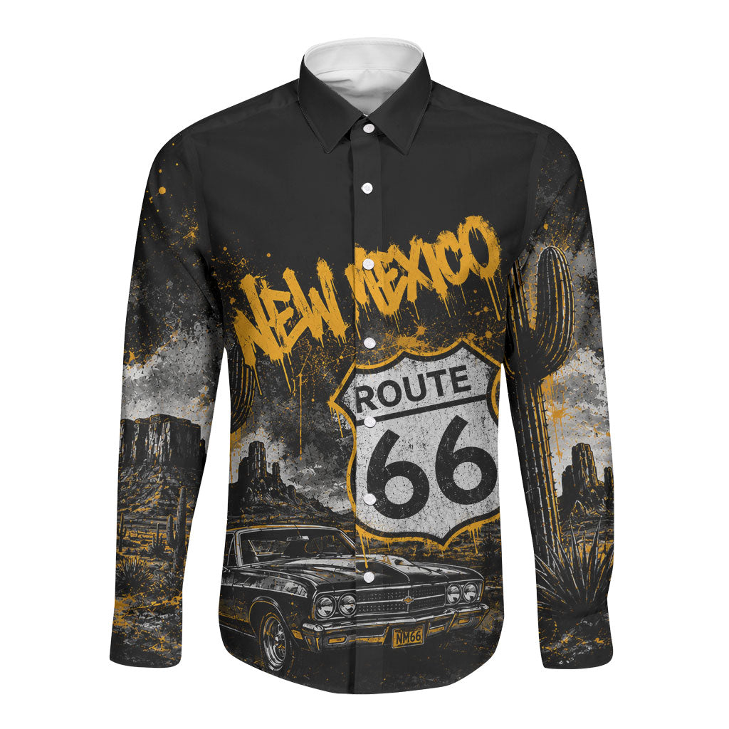 Personalized New Mexico Route 66 Classic Car Long Sleeve Button Shirt Desert Cactus Grunge Paint Splatter Vintage Road Trip