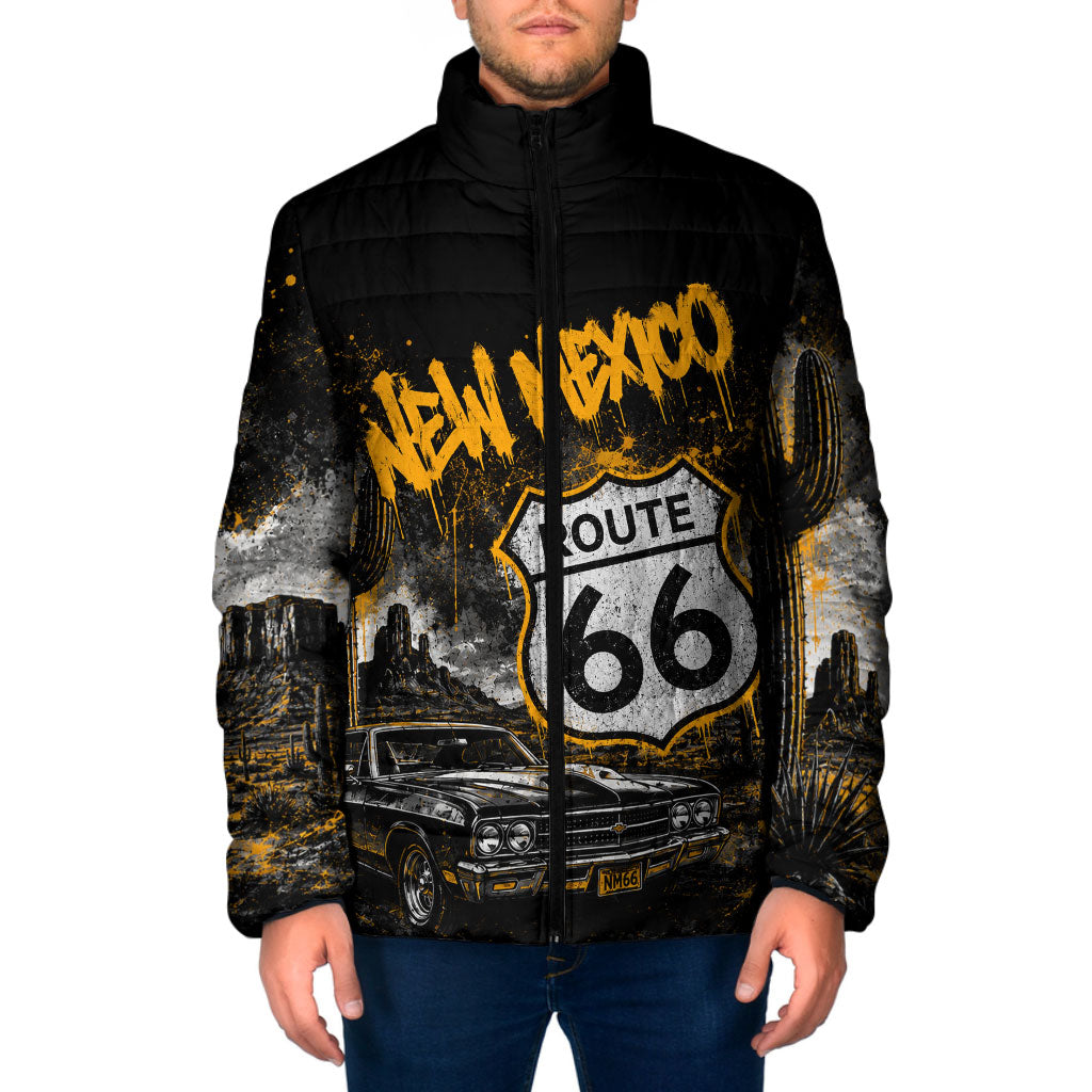 Personalized New Mexico Route 66 Classic Car Padded Jacket Desert Cactus Grunge Paint Splatter Vintage Road Trip