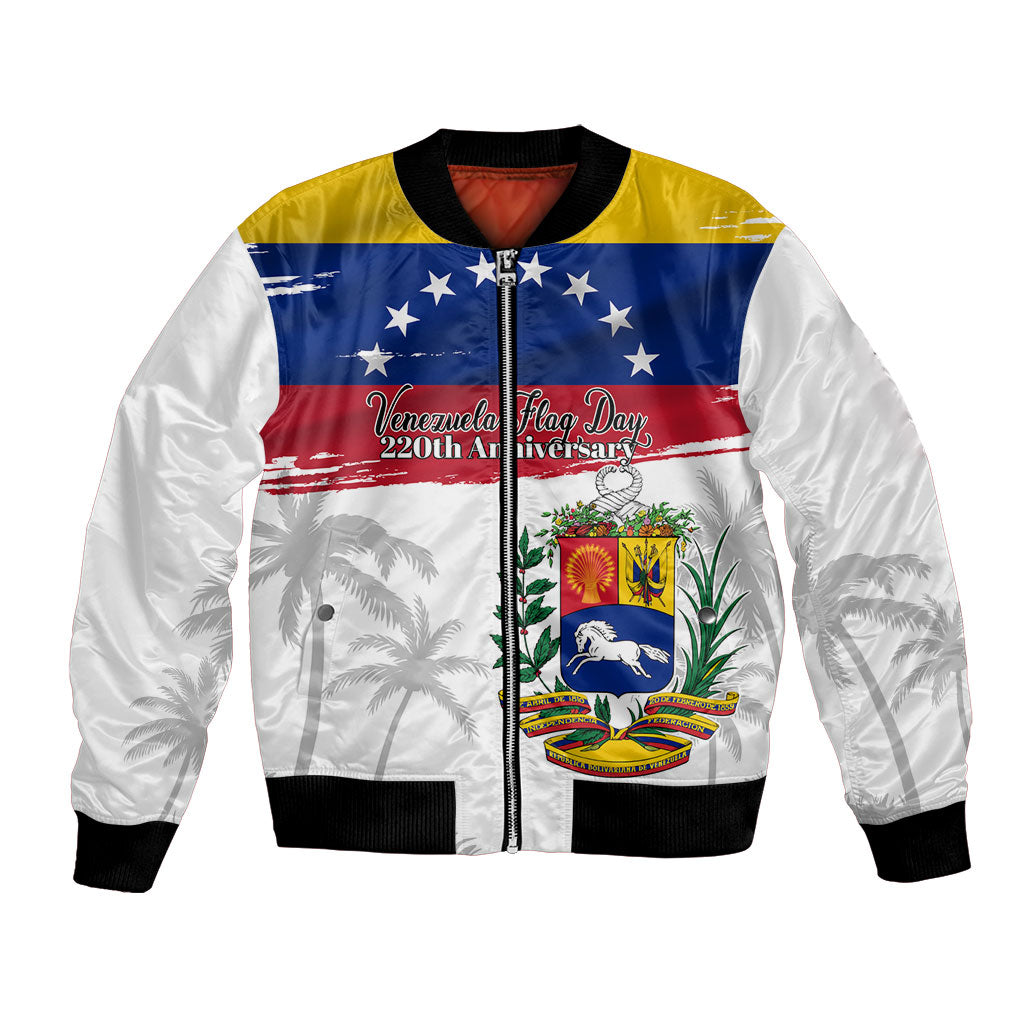 Venezuela Flag Day Bomber Jacket 220th Anniversary Coat Of Arms Palm Tree Silhouette
