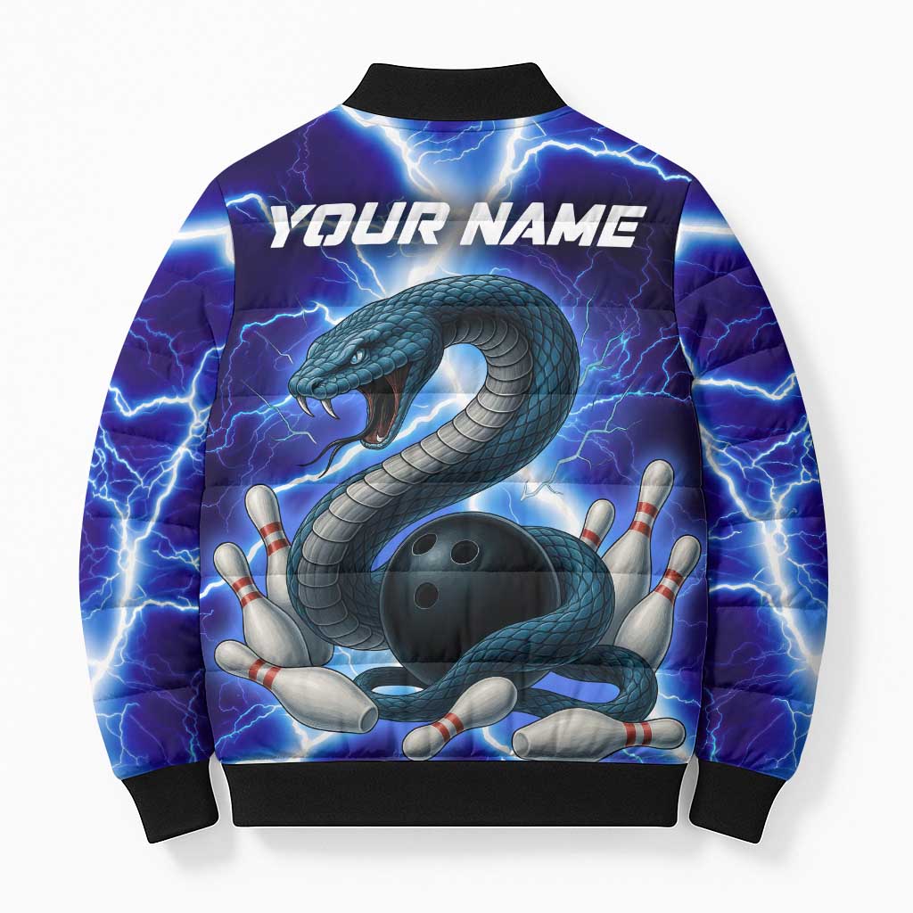 Snake and Bowling Ball Design Bomber Puffer Jacket with Lightning Background and Custom Team Name Text - Wonder Print Shop