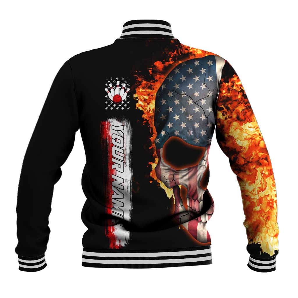 American Flag Skull Design Baseball Jacket with Bowling Elements and Fire Background with Custom Team Name Text - Wonder Print Shop