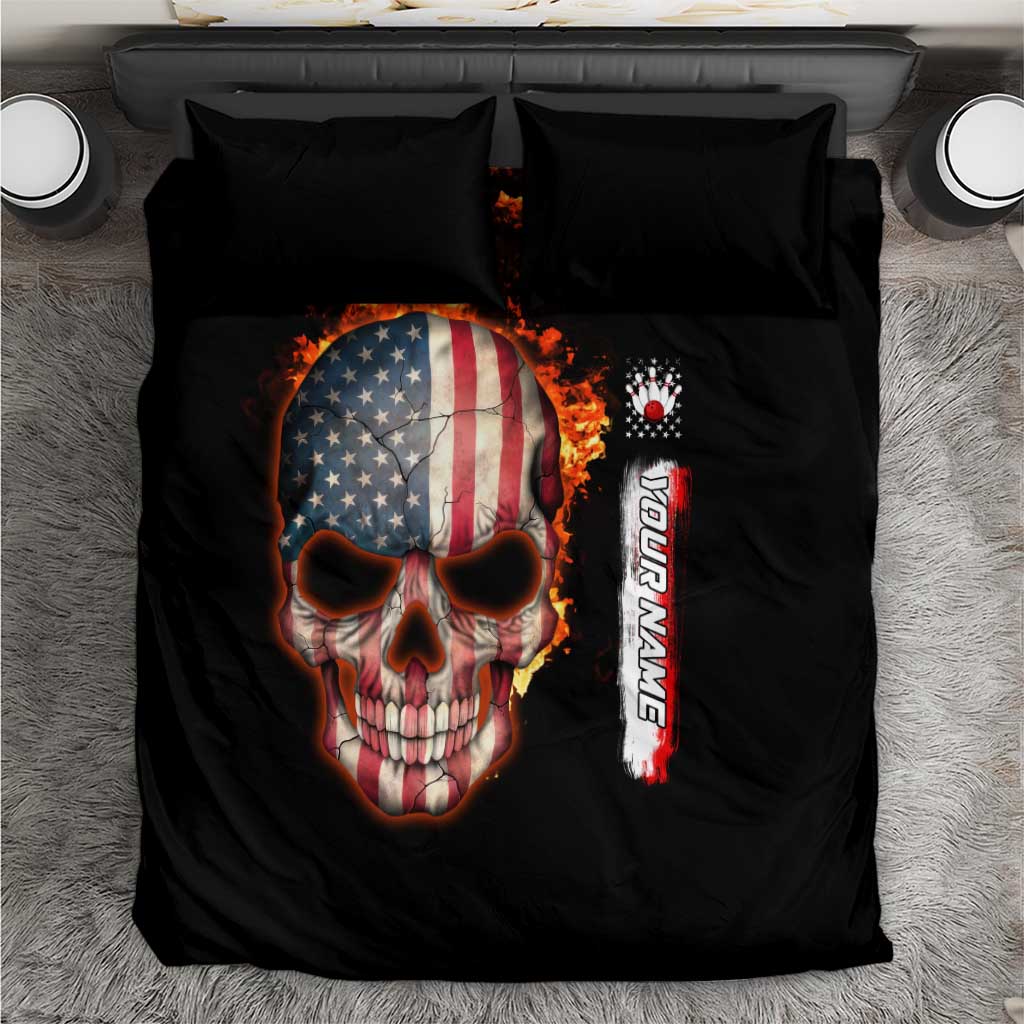 American Flag Skull Design Bedding Set with Bowling Elements and Fire Background with Custom Team Name Text - Wonder Print Shop
