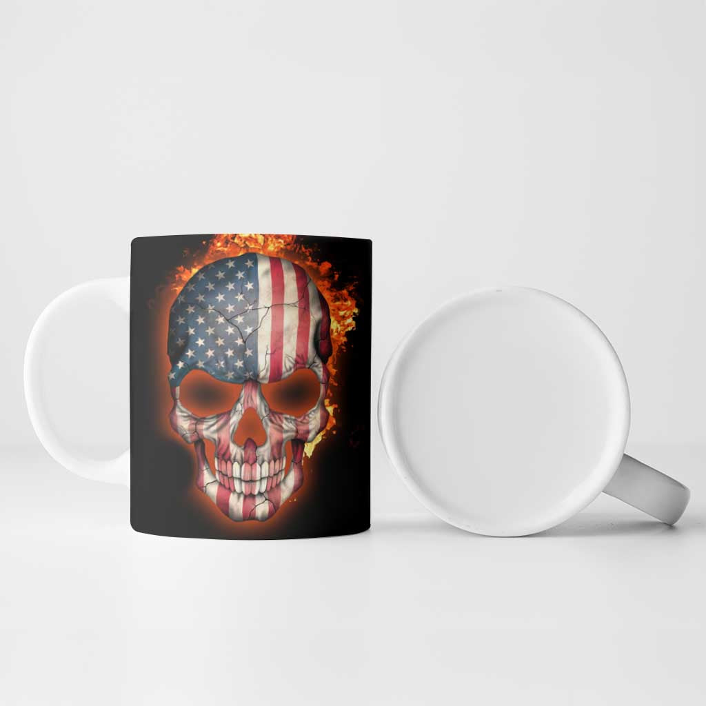 American Flag Skull Design Ceramic Mug with Bowling Elements and Fire Background with Custom Team Name Text - Wonder Print Shop