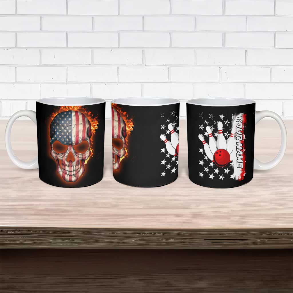 American Flag Skull Design Ceramic Mug with Bowling Elements and Fire Background with Custom Team Name Text - Wonder Print Shop
