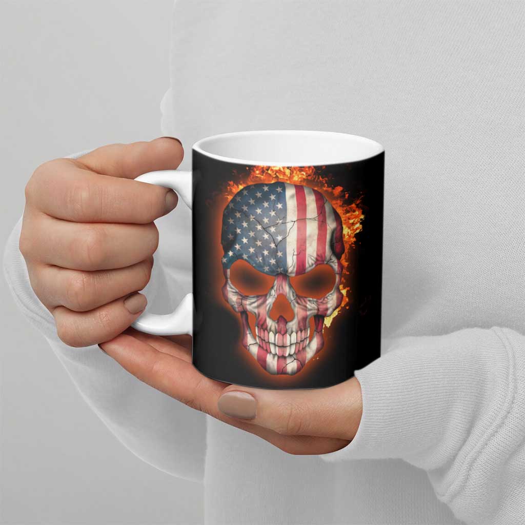 American Flag Skull Design Ceramic Mug with Bowling Elements and Fire Background with Custom Team Name Text - Wonder Print Shop