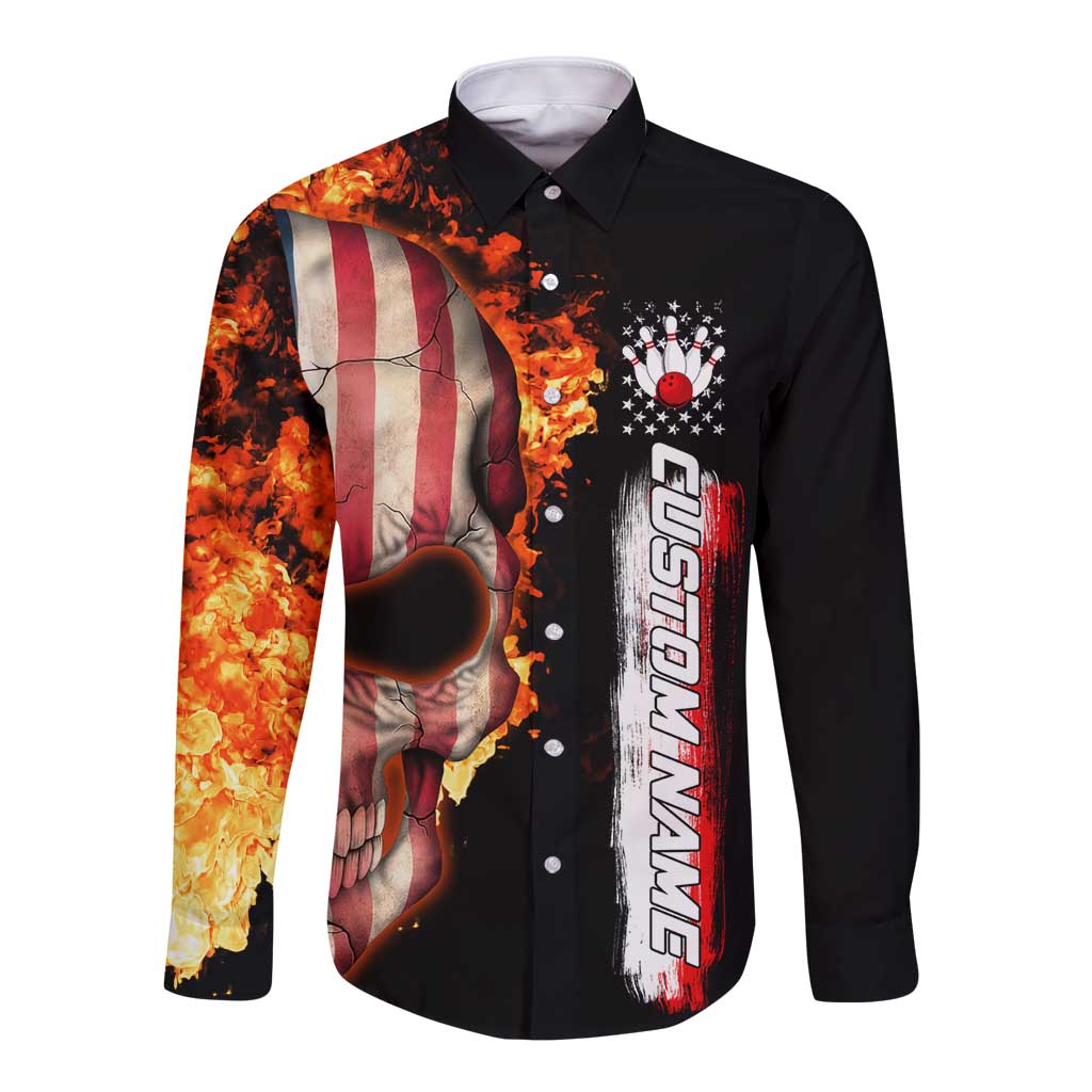 American Flag Skull Design Long Sleeve Button Shirt with Bowling Elements and Fire Background with Custom Team Name Text - Wonder Print Shop