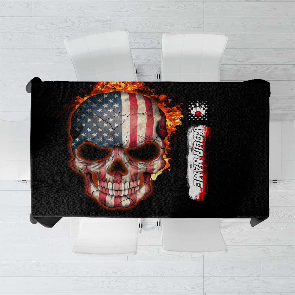 American Flag Skull Design Tablecloth with Bowling Elements and Fire Background with Custom Team Name Text - Wonder Print Shop