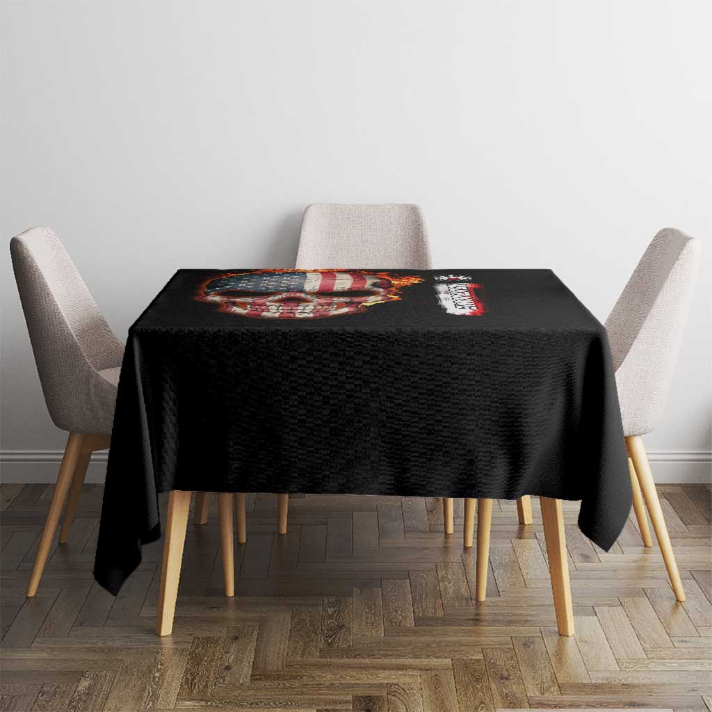 American Flag Skull Design Tablecloth with Bowling Elements and Fire Background with Custom Team Name Text - Wonder Print Shop