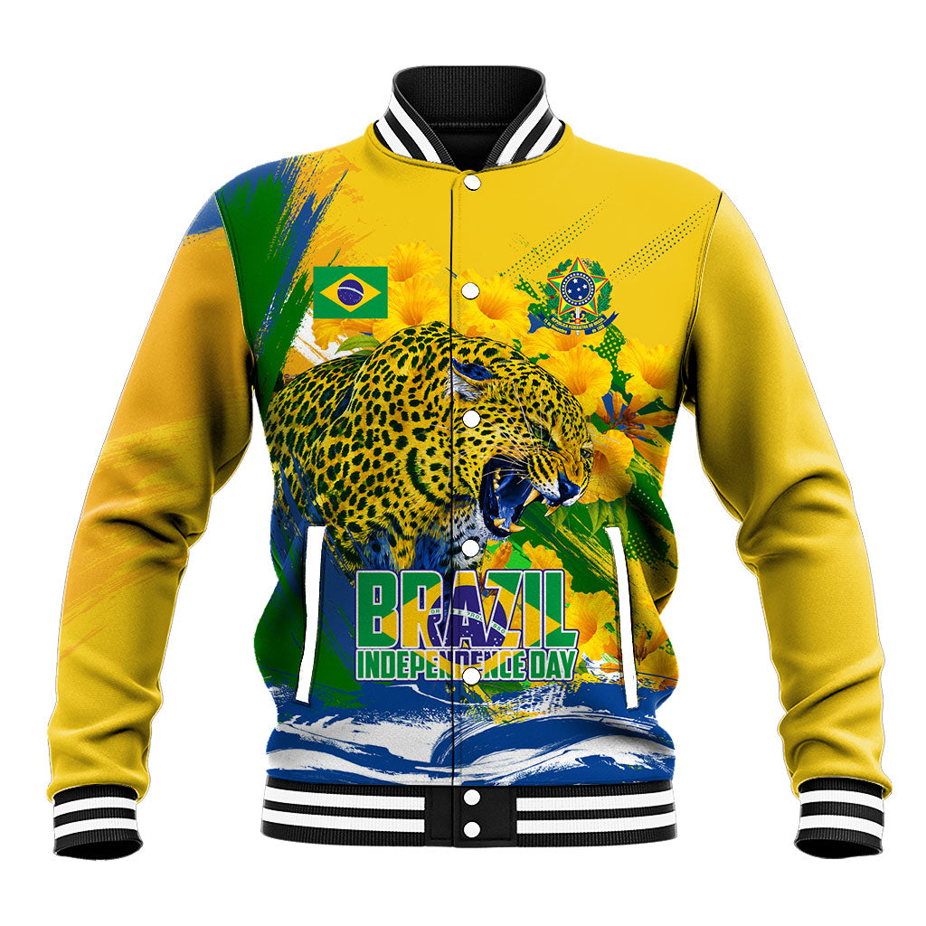 Brazil Independence Day Baseball Jacket Roaring Jaguar Christ Redeemer Tropical Floral