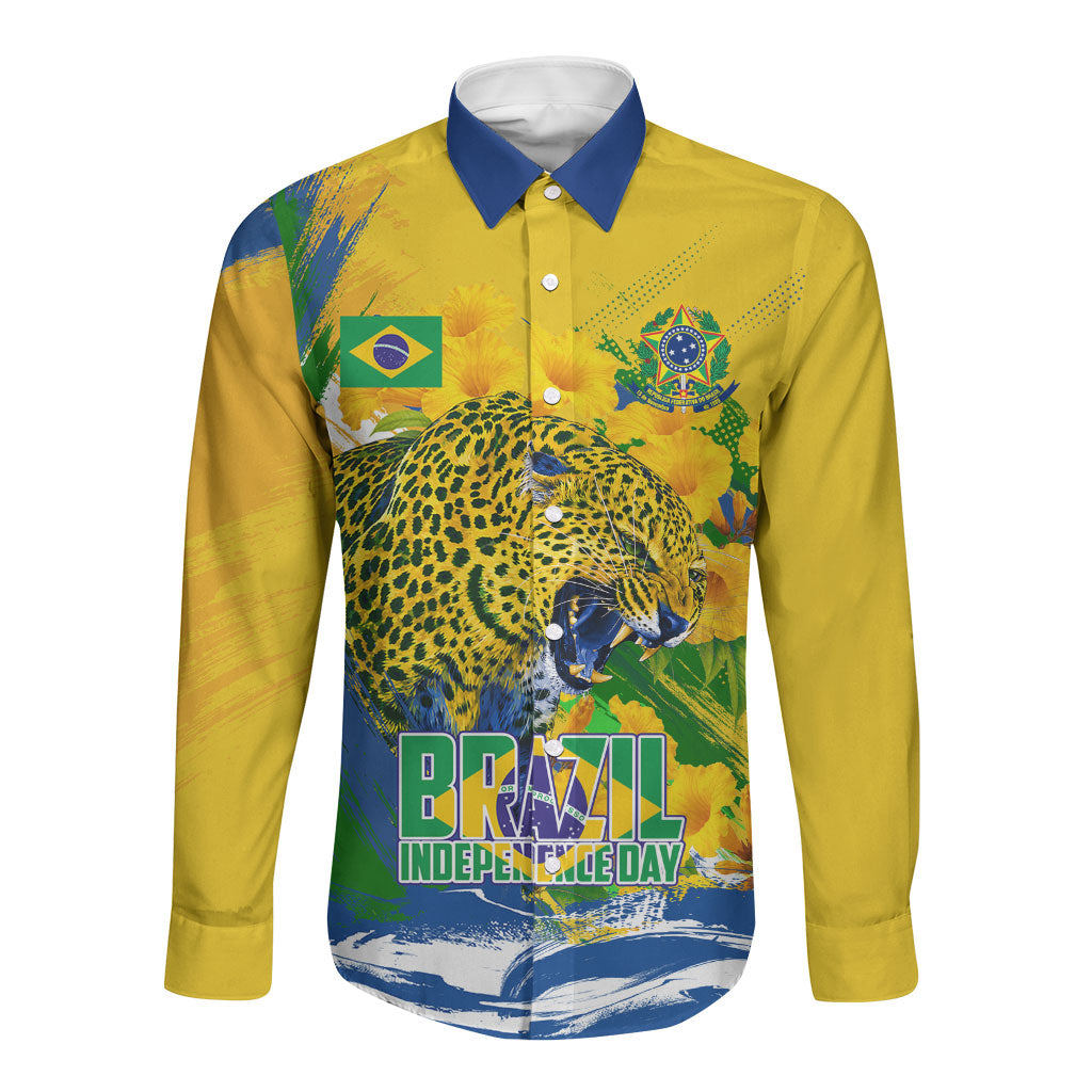 Brazil Independence Day Long Sleeve Button Shirt Roaring Jaguar Christ Redeemer Tropical Floral