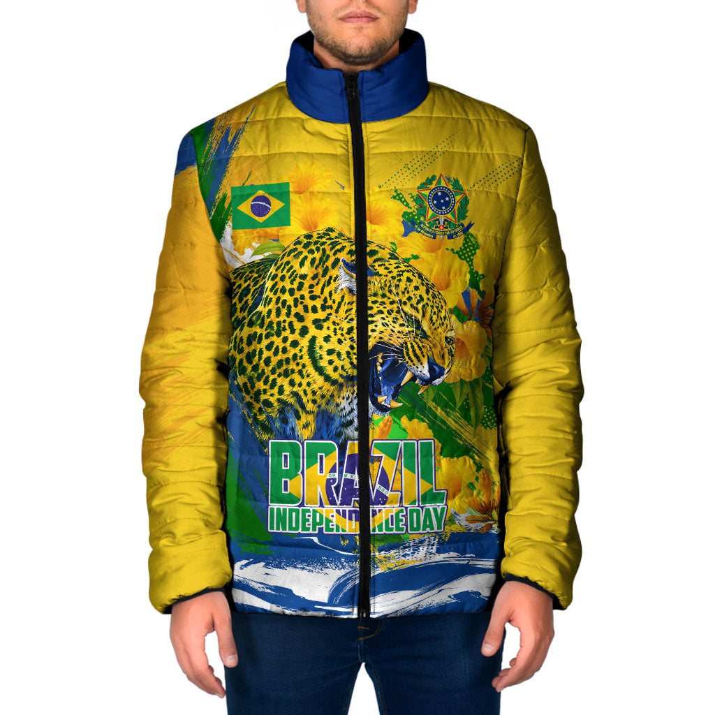Brazil Independence Day Padded Jacket Roaring Jaguar Christ Redeemer Tropical Floral