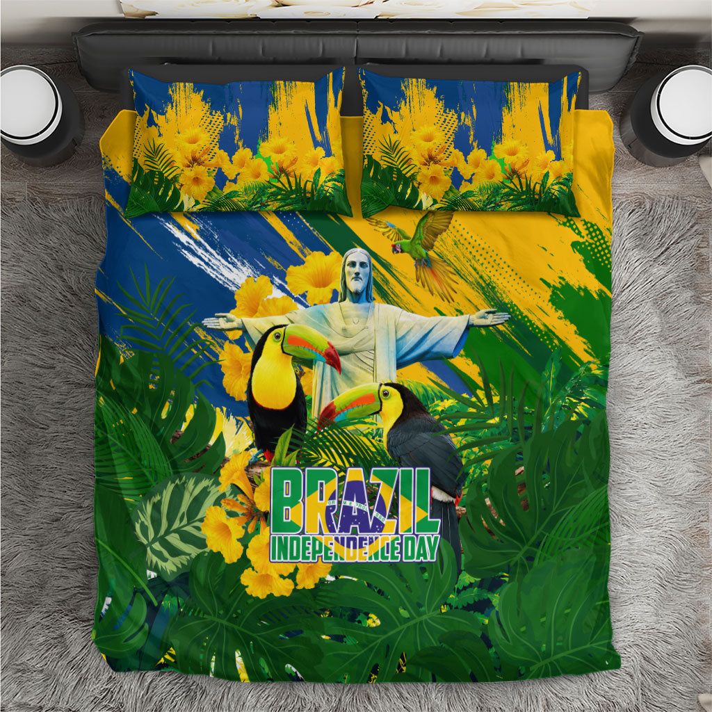Brazil Independence Day Bedding Set One Nation One Heart - Tropical Toucan Macaw Christ Redeemer