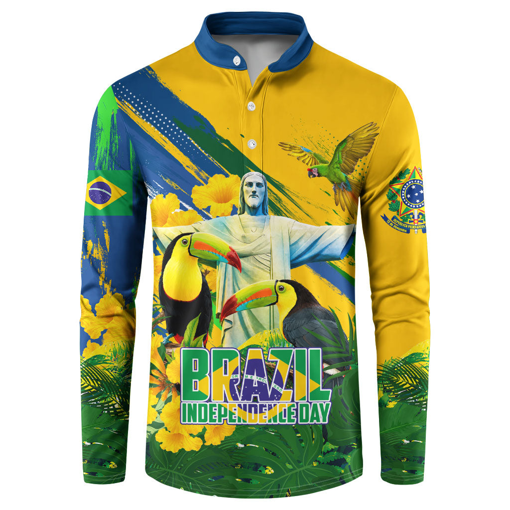 Brazil Independence Day Button Sweatshirt One Nation One Heart - Tropical Toucan Macaw Christ Redeemer