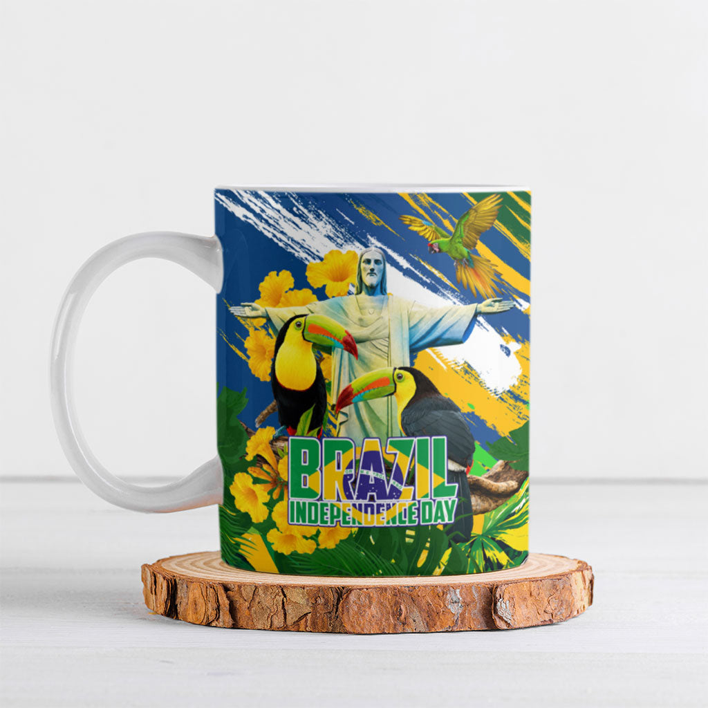 Brazil Independence Day Ceramic Mug One Nation One Heart - Tropical Toucan Macaw Christ Redeemer