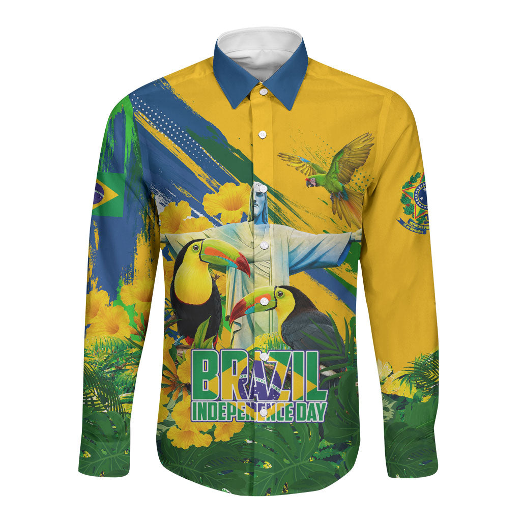 Brazil Independence Day Long Sleeve Button Shirt One Nation One Heart - Tropical Toucan Macaw Christ Redeemer