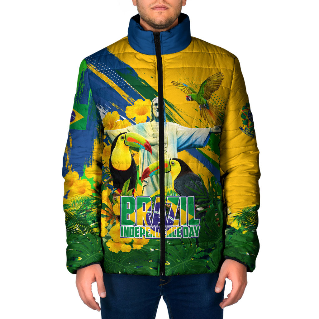 Brazil Independence Day Padded Jacket One Nation One Heart - Tropical Toucan Macaw Christ Redeemer