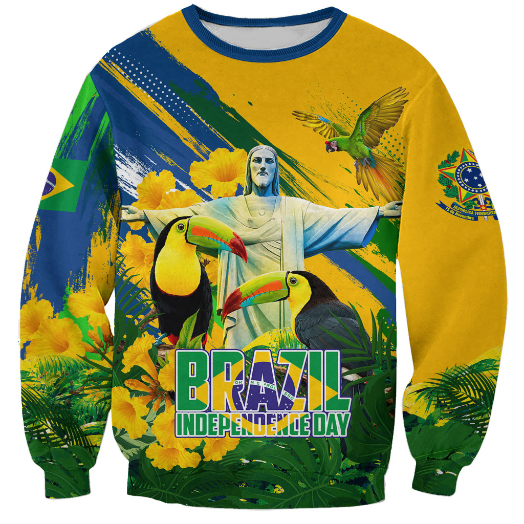 Brazil Independence Day Sweatshirt One Nation One Heart - Tropical Toucan Macaw Christ Redeemer