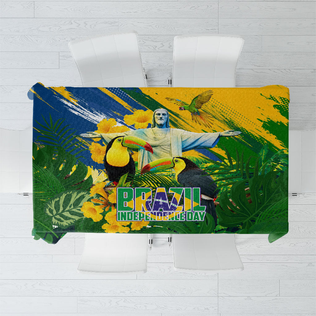 Brazil Independence Day Tablecloth One Nation One Heart - Tropical Toucan Macaw Christ Redeemer