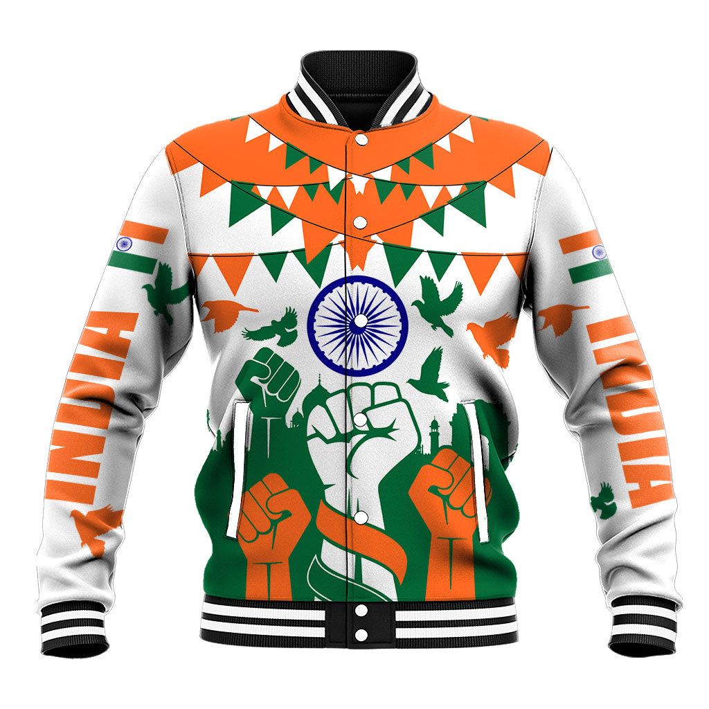 India Patriotic Freedom Baseball Jacket Flag Colors Raised Fist Typography Graphic