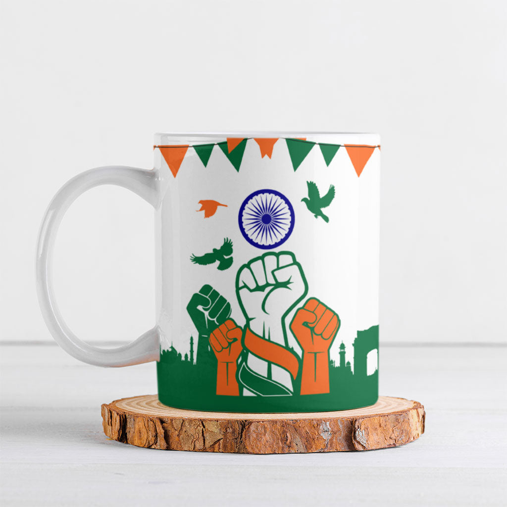 India Patriotic Freedom Ceramic Mug Flag Colors Raised Fist Typography Graphic