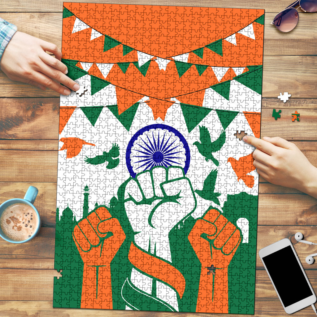 India Patriotic Freedom Puzzle Flag Colors Raised Fist Typography Graphic