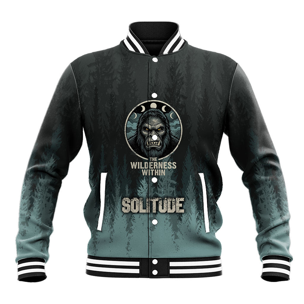 Bigfoot Wilderness Solitude Baseball Jacket Cryptid Forest Graphic In Distressed Vintage Style