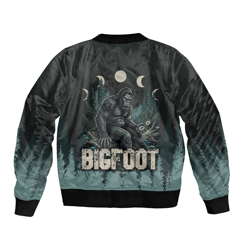 Bigfoot Wilderness Solitude Bomber Jacket Cryptid Forest Graphic In Distressed Vintage Style