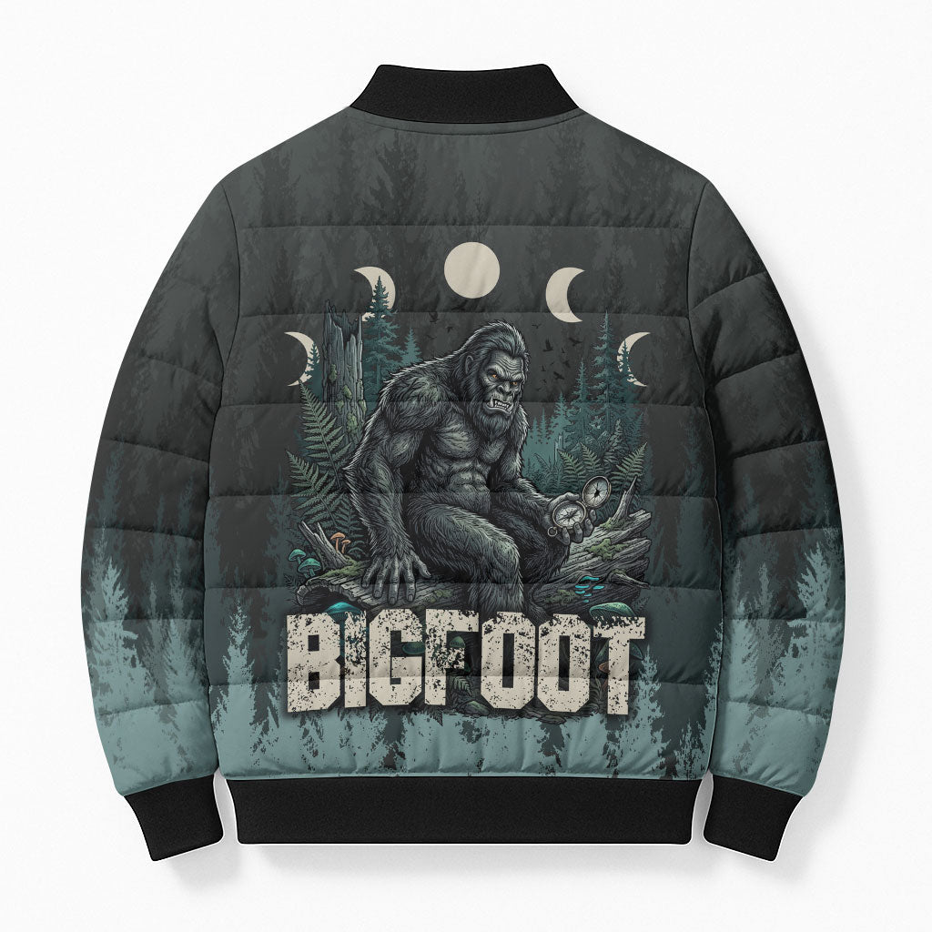 Bigfoot Wilderness Solitude Bomber Puffer Jacket Cryptid Forest Graphic In Distressed Vintage Style