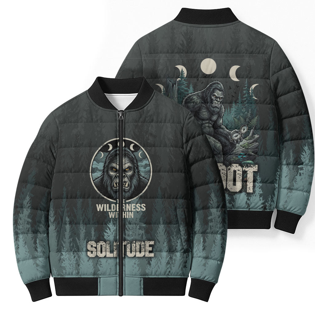 Bigfoot Wilderness Solitude Bomber Puffer Jacket Cryptid Forest Graphic In Distressed Vintage Style