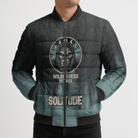 Bigfoot Wilderness Solitude Bomber Puffer Jacket Cryptid Forest Graphic In Distressed Vintage Style