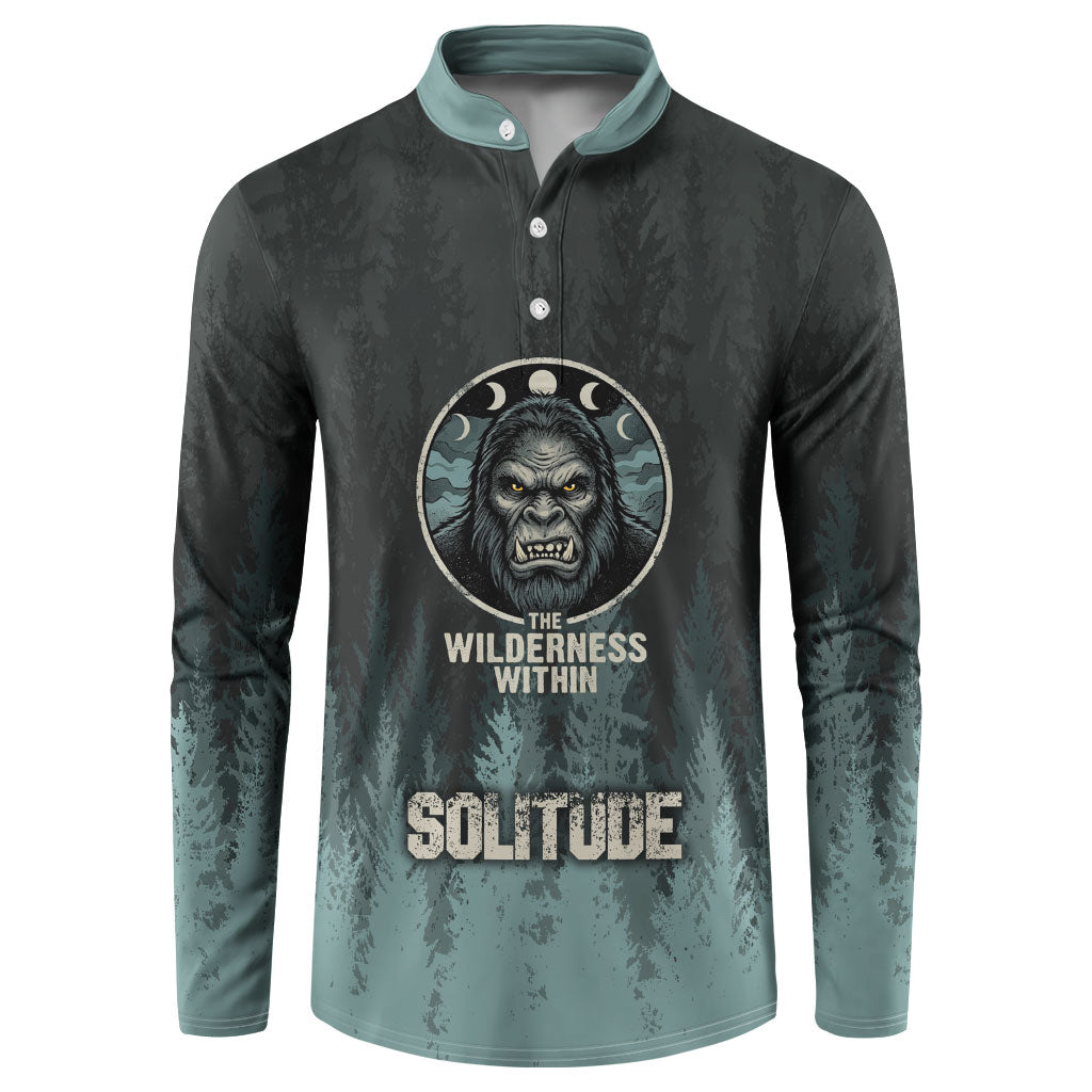 Bigfoot Wilderness Solitude Button Sweatshirt Cryptid Forest Graphic In Distressed Vintage Style